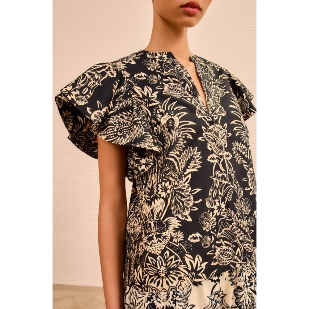 ULLA JOHNSON Severine Flutter Sleeve Cotton Poplin Top Noir Flora 2 NWT $270